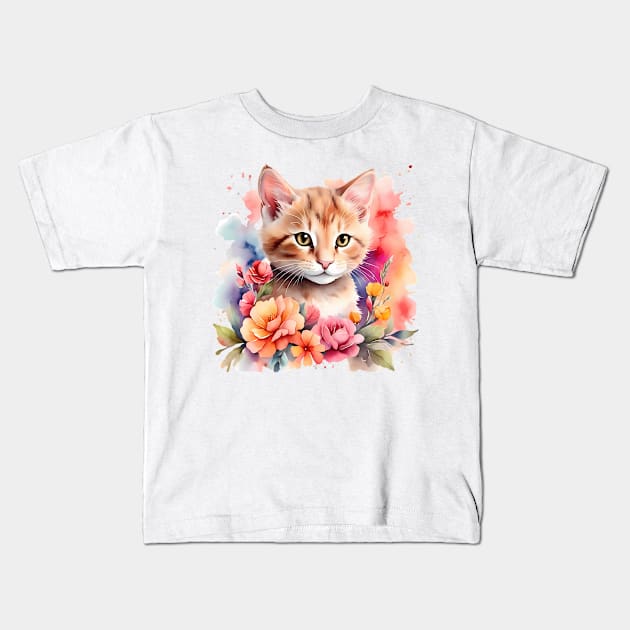 A cat decorated with beautiful colorful flowers in a watercolor illustration. Kids T-Shirt by CreativeSparkzz